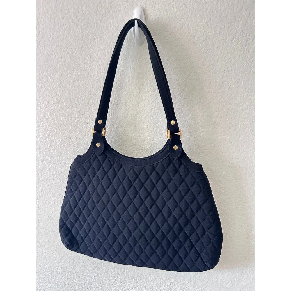 Vera Bradley Black Quilted Microfiber Shoulder Bag Tote Gold Hardware Handbag